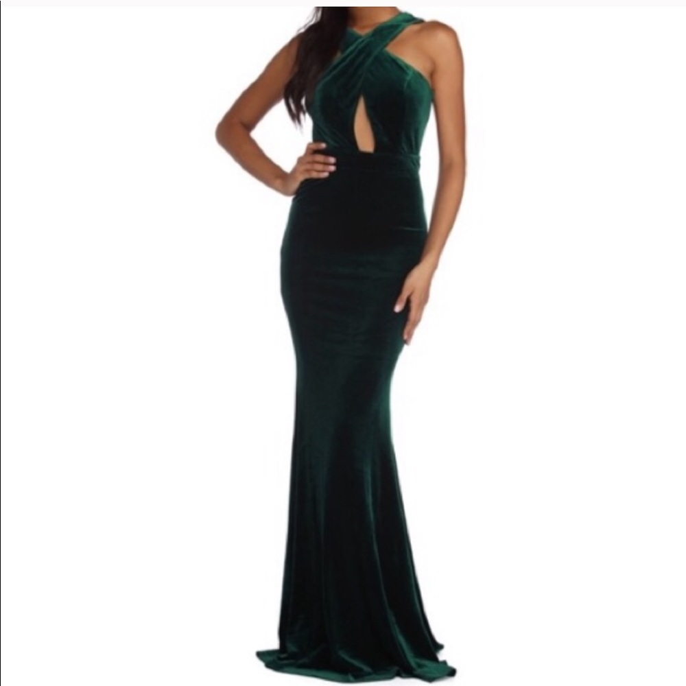 Windsor Green Velour Dress Maxi Criss Cross